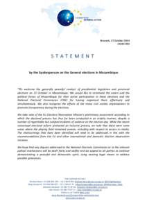 Brussels, 17 October[removed]STATEMENT by the Spokesperson on the General elections in Mozambique