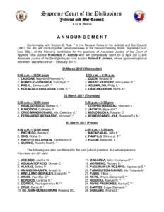 Supreme Court of the Philippines Judicial and Bar Council City of Manila ANNOUNCEMENT Conformably with Section 2, Rule 7 of the Revised Rules of the Judicial and Bar Council