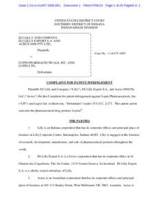 Case 1:15-cvSEB-DKL Document 1 FiledPage 1 of 25 PageID #: 1  UNITED STATES DISTRICT COURT SOUTHERN DISTRICT OF INDIANA INDIANAPOLIS DIVISION ELI LILLY AND COMPANY,