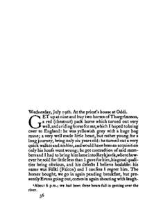 Wednesday, July 19th. At the priestts house at Oddi. ET up at nine and buy two horses ofThorgrlmsson, a red (chestnut) pack horse which turned out very well,and ariding horse for me,which I hoped to bring over to England