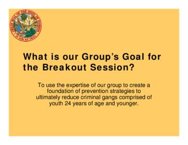 What is our Group’s Goal for the Breakout Session? To use the expertise of our group to create a foundation of prevention strategies to ultimately reduce criminal gangs comprised of youth 24 years of age and younger.