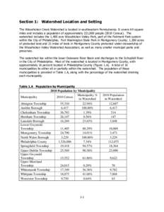 Section 1: Watershed Location and Setting The Wissahickon Creek Watershed is located in southeastern Pennsylvania. It covers 64 square miles and includes a population of approximately 221,000 people[removed]Census). The wa