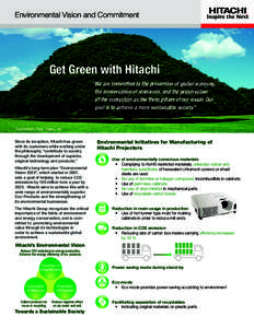 Environmental Vision and Commitment  Get Green with Hitachi “We are committed to the prevention of global warming, the conservation of resources, and the preservation of the ecosystem as the three pillars of our visio