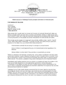 NEWS RELEASE ALABAMA DEPARTMENT OF PUBLIC HEALTH RSA Tower 201 Monroe Street, Suite 914 Montgomery, AL[removed]Phone[removed]Fax[removed]