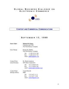 GLOBAL BUSINESS DIALOGUE ON ELECTRONIC COMMERCE CONTENT AND COMMERCIAL COMMUNICATIONS  SEPTEMBER 13, 1999