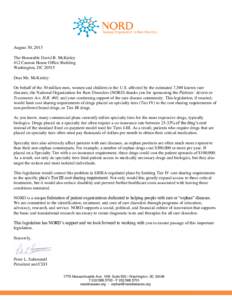 August 30, 2013 The Honorable David B. McKinley 412 Cannon House Office Building Washington, DC[removed]Dear Mr. McKinley: On behalf of the 30 million men, women and children in the U.S. affected by the estimated 7,300 kno