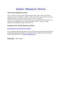 Deakin Research Online This is the published version: Song, Yu, Root, D. and Liu, Chunlu 2006, Economic drive effects of the South African construction sector: [removed], in AUBEA : 2006, Proceedings of the Australian Un