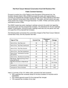 Red Rock Canyon National Conservation Area Draft Business Plan Public Comment Summary Pursuant to section four of the Federal Lands Recreation Enhancement Act, the Southern Nevada District Office (SNDO) provided the publ