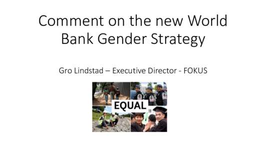 Comment on the new World Bank Gender Strategy Gro Lindstad – Executive Director - FOKUS • The World Bank Group is preparing a new gender strategy, which is expected to be finalized and discussed by the Board of Exec