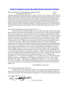 Southern Campaign American Revolution Pension Statements & Rosters Pension application of Samuel Hudgeons (Hudgins) S1957 Transcribed by Will Graves f11VA[removed]