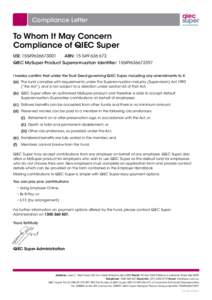 Compliance Letter  To Whom It May Concern Compliance of QIEC Super USI: 