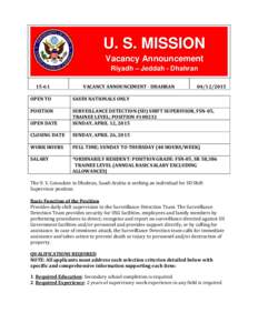 U. S. MISSION Vacancy Announcement Riyadh – Jeddah - DhahranVACANCY ANNOUNCEMENT - DHAHRAN