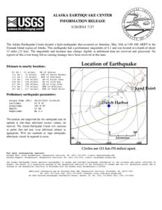 ALASKA EARTHQUAKE CENTER INFORMATION RELEASE[removed]:57 The Alaska Earthquake Center located a light earthquake that occurred on Saturday, May 24th at 3:09 AM AKDT in the Unimak Island region of Alaska. This earthqua