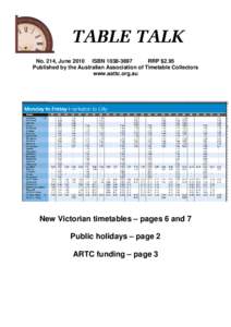 No. 214, June 2010 ISBN[removed]RRP $2.95 Published by the Australian Association of Timetable Collectors www.aattc.org.au  New Victorian timetables – pages 6 and 7