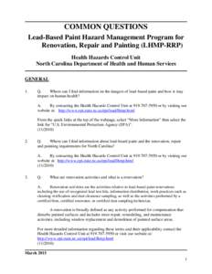 ______________________________________________________________________________  COMMON QUESTIONS Lead-Based Paint Hazard Management Program for Renovation, Repair and Painting (LHMP-RRP) Health Hazards Control Unit