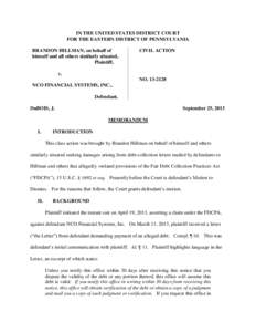 IN THE UNITED STATES DISTRICT COURT FOR THE EASTERN DISTRICT OF PENNSYLVANIA BRANDON HILLMAN, on behalf of himself and all others similarly situated, Plaintiff,