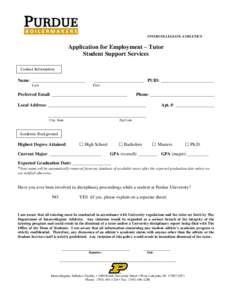 INTERCOLLEGIATE ATHLETICS  Application for Employment – Tutor Student Support Services Contact Information