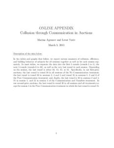 ONLINE APPENDIX Collusion through Communication in Auctions Marina Agranov and Leeat Yariv March 3, 2015 Description of the data below: In the tables and graphs that follow, we report various measures of collusion, effic