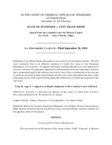 IN THE COURT OF CRIMINAL APPEALS OF TENNESSEE AT KNOXVILLE November 18, 2014 Session STATE OF TENNESSEE v. COTY SHANE SMITH Appeal from the Criminal Court for Monroe County No[removed]