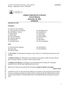 COLLEGE OF OPTOMETRISTS OF ONTARIO – COUNCIL MEETING  CONFIDENTIAL Minutes – September 30, 2015 – APPROVED