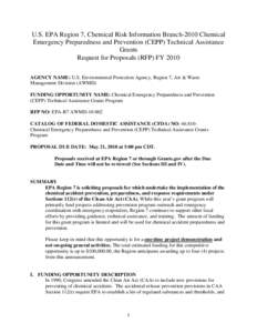 U.S. EPA Region 7, Chemical Risk Information Branch-2010 Chemical Emergency Preparedness and Prevention (CEPP) - Technical Assistance Grants - Request for Proposals (RFP) FY 2010
