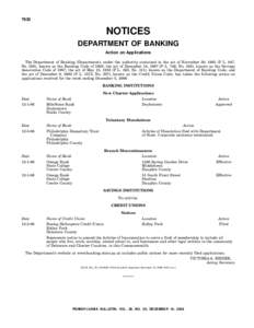 7630  NOTICES DEPARTMENT OF BANKING Action on Applications The Department of Banking (Department), under the authority contained in the act of November 30, 1965 (P. L. 847,