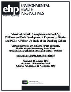 Behavioral Sexual Dimorphism in School-Age Children and Early Developmental Exposure to Dioxins and PCBs: A Follow-Up Study of the Duisburg Cohort