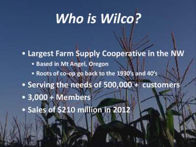 Who is Wilco? • Largest Farm Supply Cooperative in the NW • Based in Mt Angel, Oregon