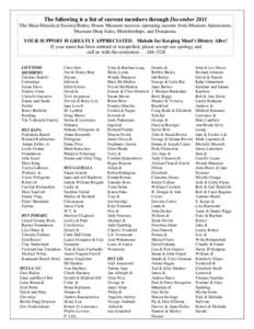 The following is a list of current members through December 2011 The Maui Historical Society/Bailey House Museum receives operating income from Museum Admissions, Museum Shop Sales, Memberships, and Donations. YOUR SUPPO