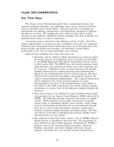 PLAN IMPLEMENT ATION IMPLEMENTA Key First Steps The Kansas Cancer Partnership agreed that a comprehensive plan and approach outlining strategies and addressing cancer issues should be the first