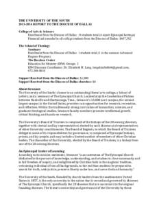 THE UNIVERSITY OF THE SOUTHREPORT TO THE DIOCESE OF DALLAS College of Arts & Sciences Enrollment from the Diocese of Dallas: 16 students total (4 report Episcopal heritage) Financial aid awarded to all college