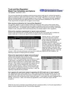 Truck and Bus Regulation Model Year Schedules and Options Last Updated: December 2, 2014 This summary describes the compliance requirements by engine model year for vehicles that operate in California including an option