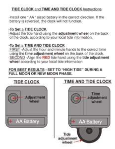 TIDE CLOCK and TIME AND TIDE CLOCK Instructions -Install one “ AA “ sized battery in the correct direction. If the battery is reversed, the clock will not function. -To Set a TIDE CLOCK -Adjust the tide hand using th