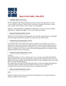 Open to the Public Report of Comments Received by CPB:  May 2015