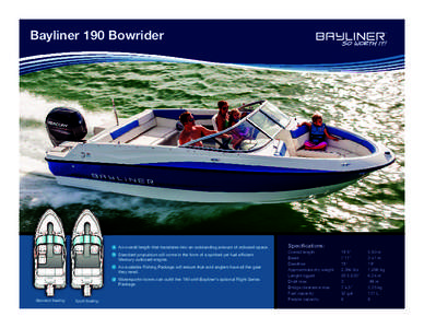 Bayliner 190 Bowrider  a An overall length that translates into an outstanding amount of onboard space. b Standard propulsion will come in the form of a spirited yet fuel efﬁcient  Mercury outboard engine.