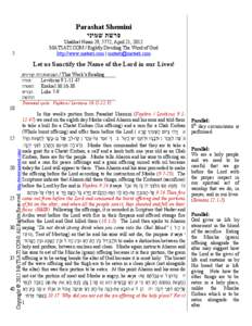 Parashat Shemini ‫פרשת שמיני‬ Shabbat Nisan 29, 5772, April 21, 2012 MATSATI.COM / Rightly Dividing The Word of God http://www.matsati.com | [removed]