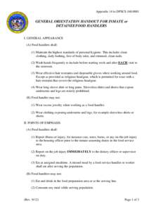 GENERAL ORIENTATION HANDOUT FOR INMATE FOOD HANDLERS