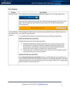 April 2014 Release New Features for Instructors  New Features Feature Student Preview