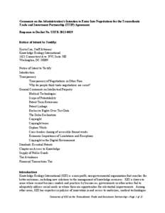 Comments on the Administration’s Intention to Enter Into Negotiations for the Transatlantic Trade and Investment Partnership (TTIP) Agreement Response to Docket No. USTR­2013­0019 Notice of Inte