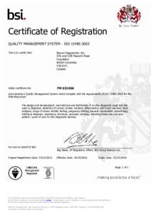 Certificate of Registration QUALITY MANAGEMENT SYSTEM - ISO 13485:2003 This is to certify that: Biocan Diagnostics Inc. 55A and 53B Fawcett Road