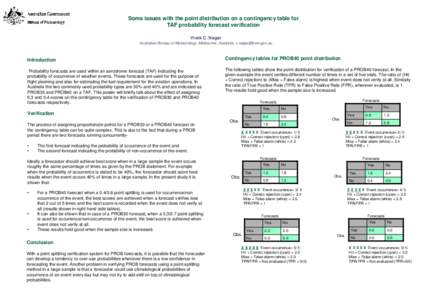 Some issues with the point distribution on a contingency table for TAF probability forecast verification Vivek C. Nagar Australian Bureau of Meteorology, Melbourne, Australia, [removed]  Introduction