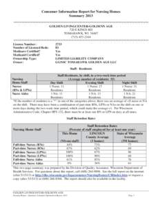 Consumer Information Report for Nursing Homes Summary 2013 ************************************************************************************** GOLDEN LIVINGCENTER-GOLDENN AGE 720 E KINGS RD TOMAHAWK, WI 54487