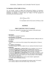 Wyboston, Chawston and Colesden Parish Council To Members of the Public & Press You are hereby invited to attend the forthcoming Meeting of Wyboston, Chawston and Colesden Parish Council to be held at the Village Hall, T