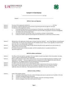 Sample 4-H Club Bylaws --------------------------------------------- 4-H Club Adopted ------------------------------------------------------------------------------------------------------ARTICLE I: Name and Objectives S