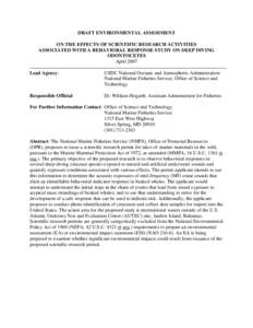 Draft Environmental Assessment on the Effects of Scientific Research Activities Associated with a Behavioral Response Study on Deep Diving Odontocetes (2007)