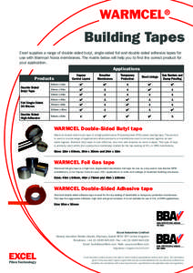 WARMCEL®  Building Tapes Excel supplies a range of double-sided butyl, single-sided foil and double-sided adhesive tapes for use with Warmcel Novia membranes. The matrix below will help you to find the correct product f