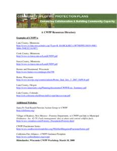 A CWPP Resources Directory Examples of CWPP’s: Lake County, Minnesota http://www.co.lake.mn.us/index.asp?Type=B_BASIC&SEC={9F79DFFE-D039-49B38066-594E2C2A1987} Cook County, Minnesota http://www.co.itasca.mn.us/Land/CWP