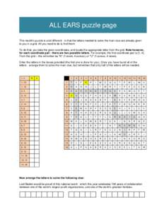 ALL EARS puzzle page This month’s puzzle is a bit different - in that the letters needed to solve the main clue are already given to you in a grid. All you need to do is find them! To do that, you take the given coordi