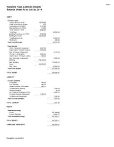 Page 1  Nanaimo Hope Lutheran Church Balance Sheet As at Jun 30, 2014 ASSET Current Assets