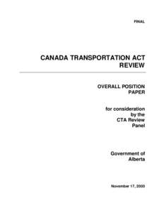 FINAL  CANADA TRANSPORTATION ACT REVIEW OVERALL POSITION PAPER